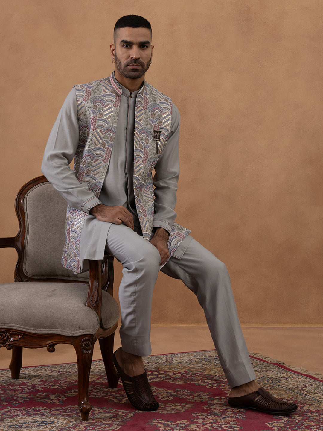 Grey Embroidered Indo-Western Jacket Kurta Set