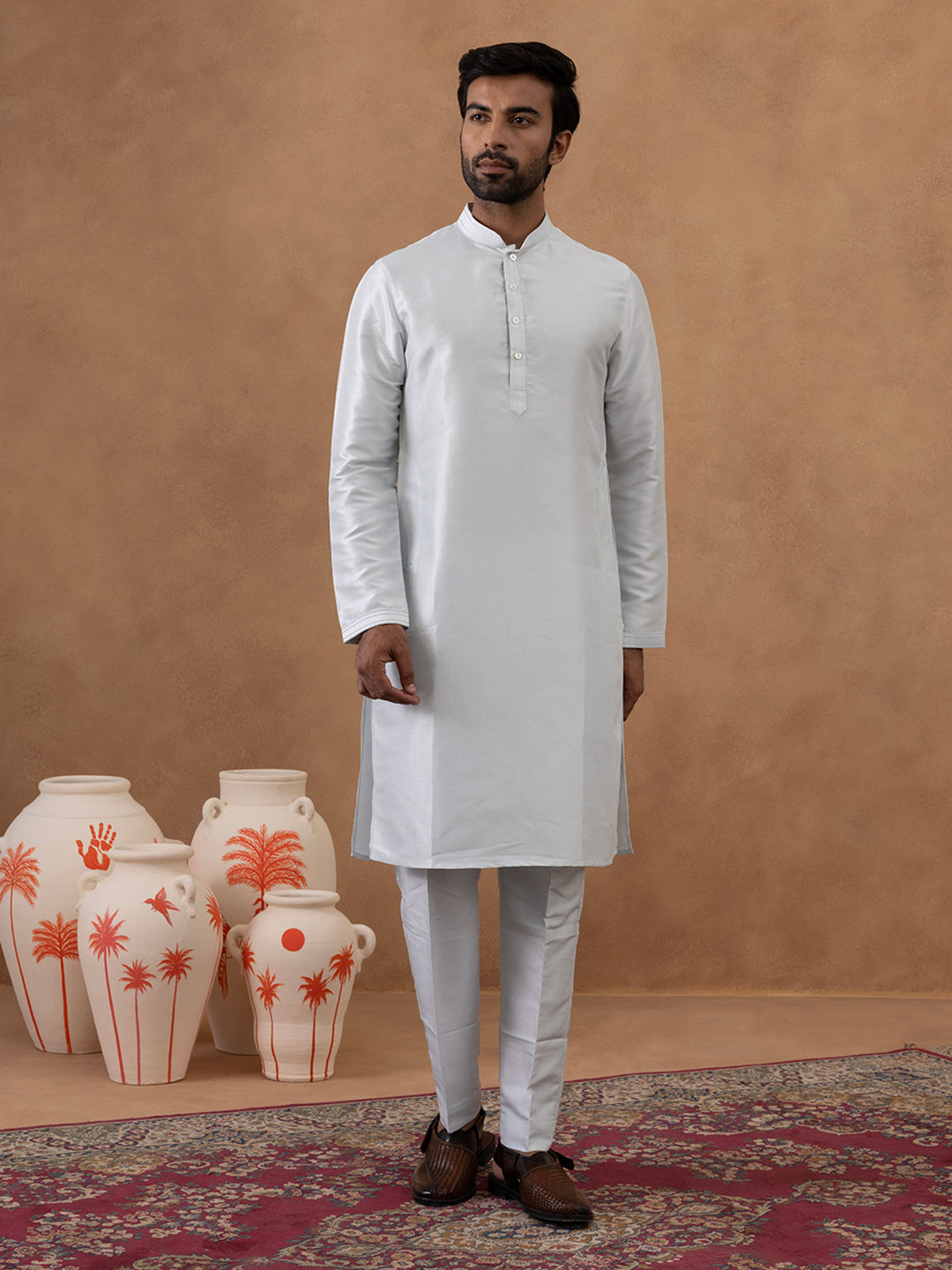 Ice Blue Floral Embroidered Bundi with Kurta Set