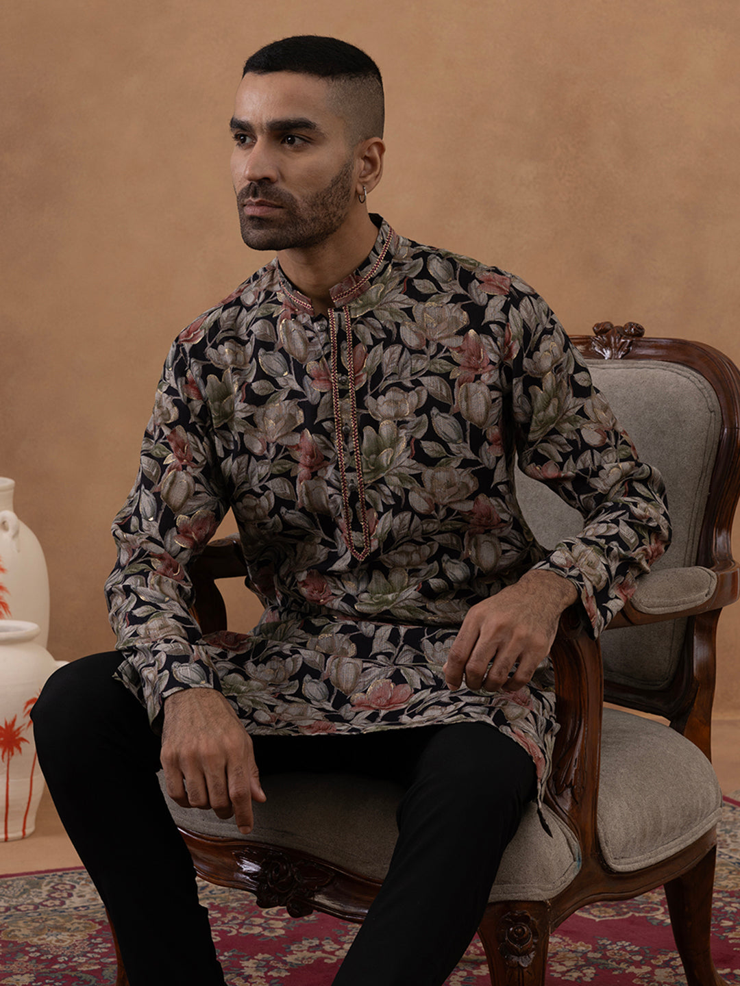 Black Floral Festive Kurta Set