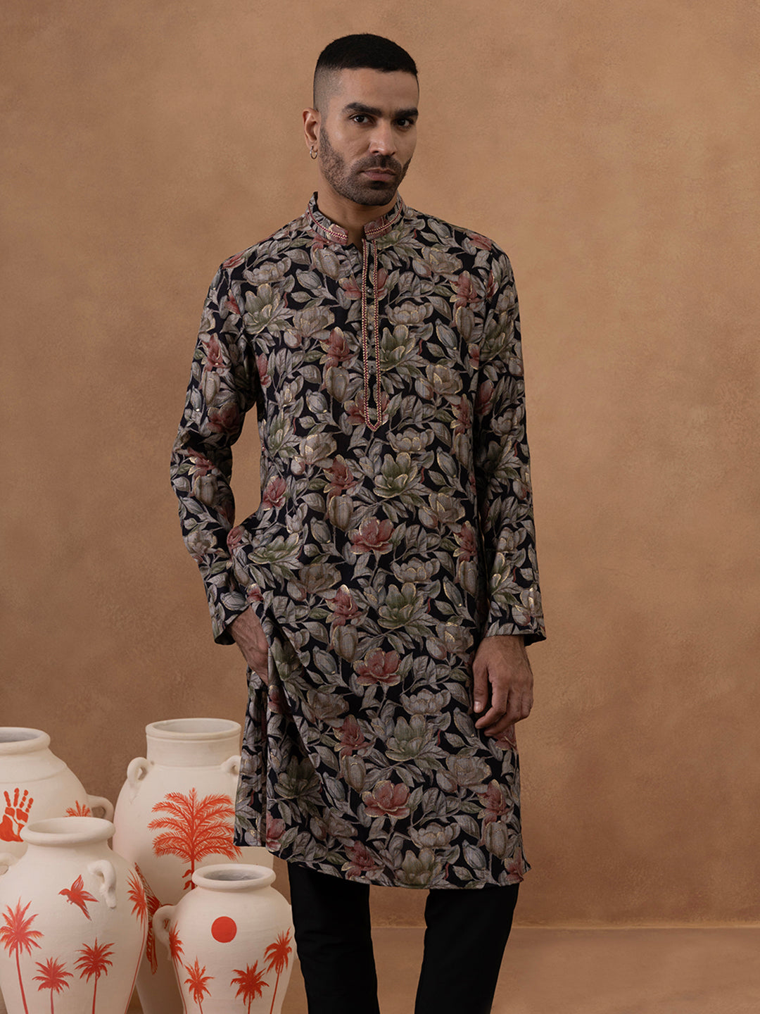 Black Floral Festive Kurta Set
