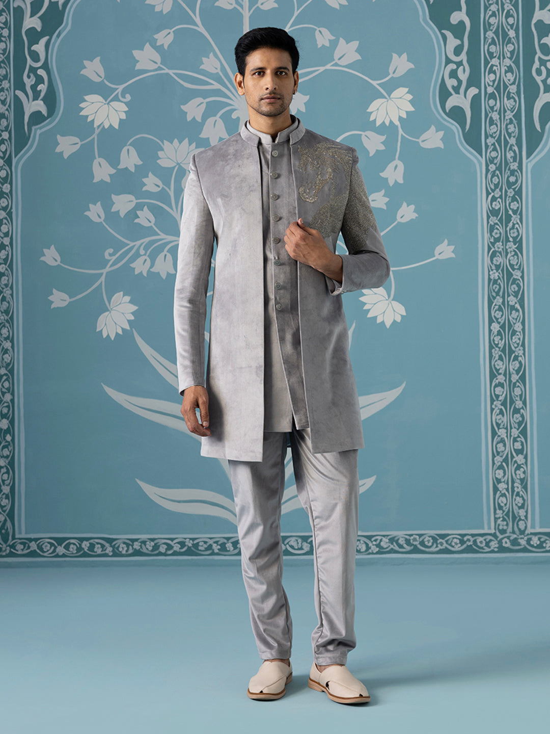 Grey Horse-Embroidered Indo Pant Set