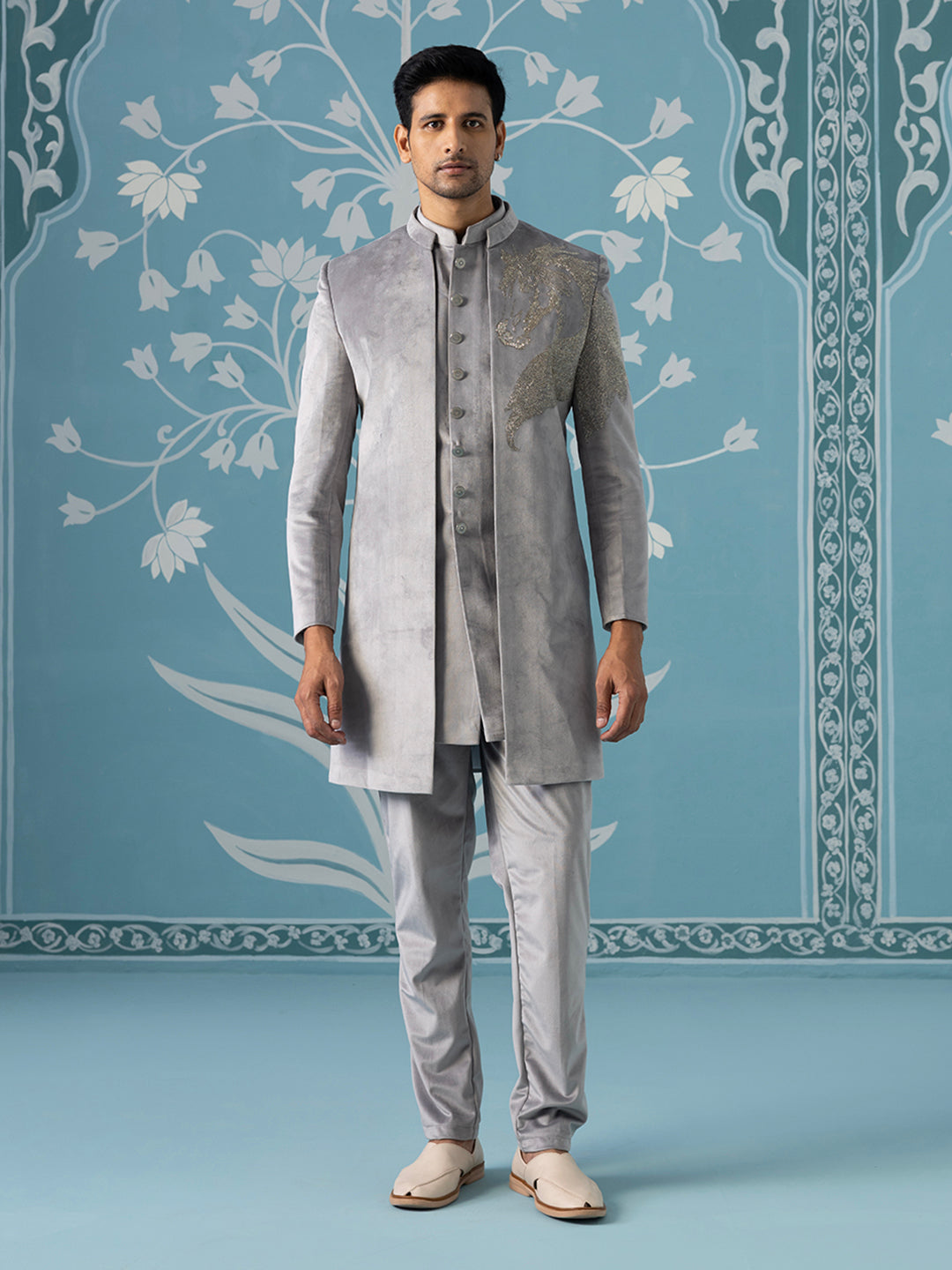 Grey Horse-Embroidered Indo Pant Set