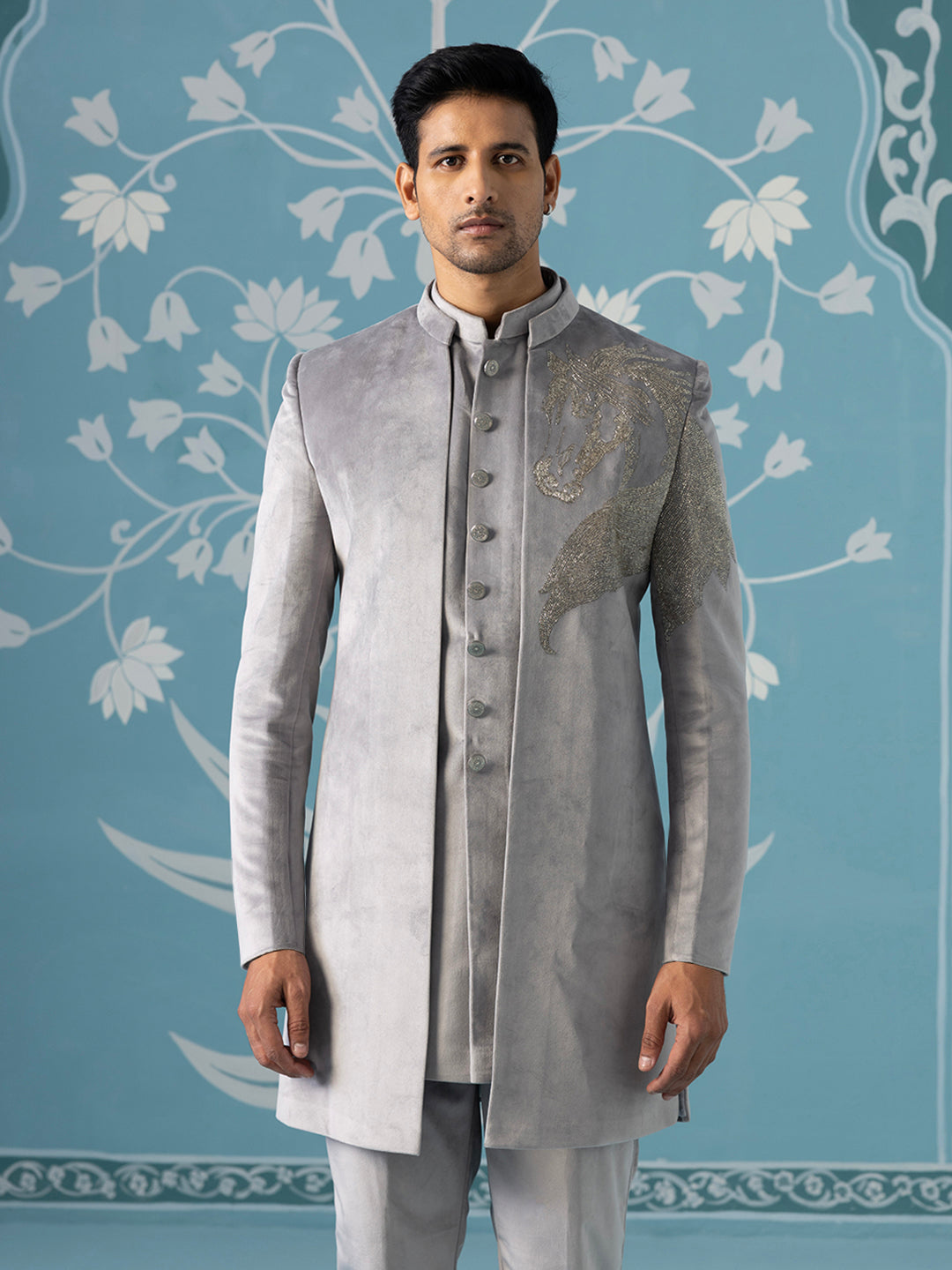 Grey Horse-Embroidered Indo Pant Set