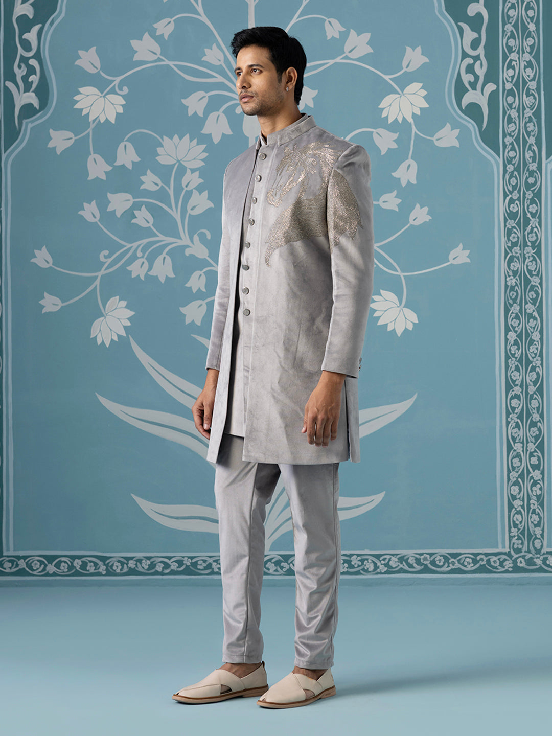 Grey Horse-Embroidered Indo Pant Set