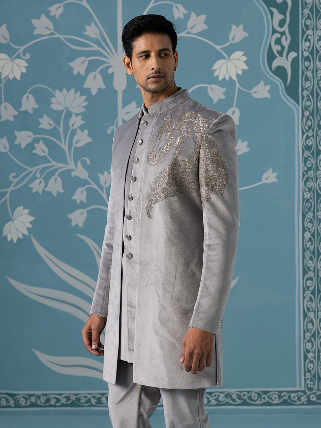Grey Horse-Embroidered Indo Pant Set
