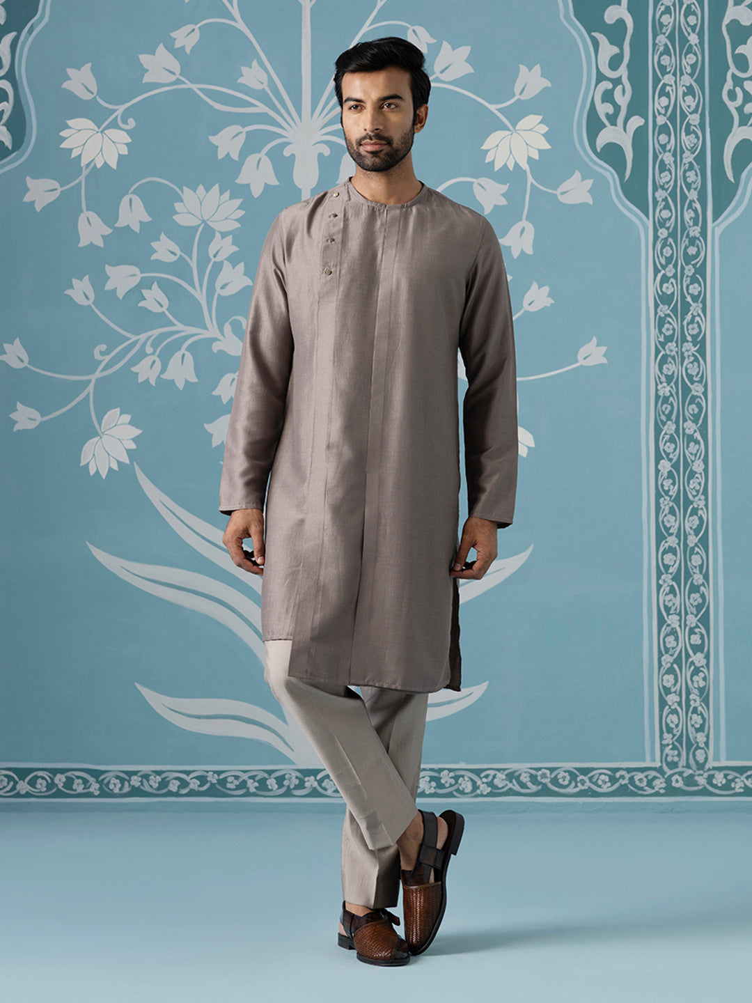 Dusky Brown Embroidered Dual-Layer Indo Kurta Set