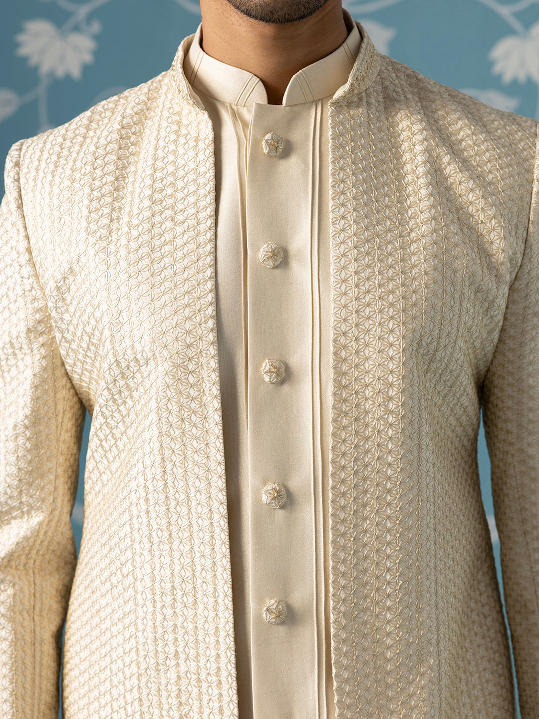 Cream Open-Style Indo Set with Intricate Thread Work