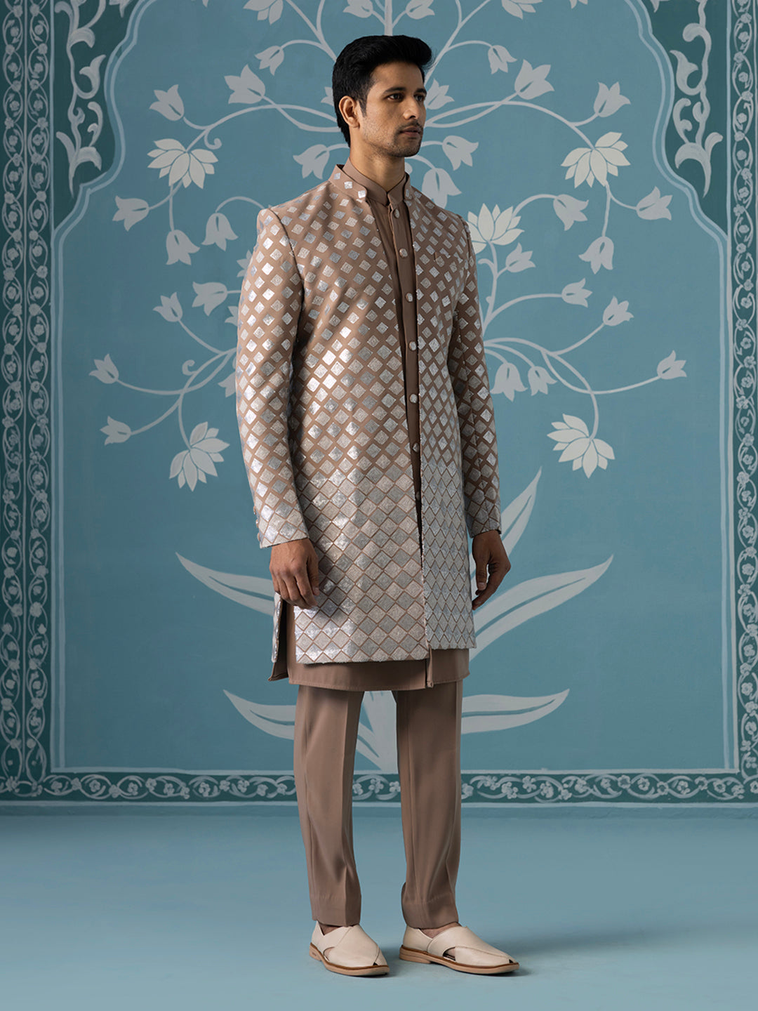 Dusky Light Brown Indo Set with Square Gradient Embroidery