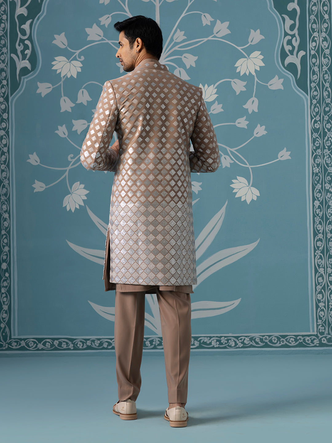 Dusky Light Brown Indo Set with Square Gradient Embroidery