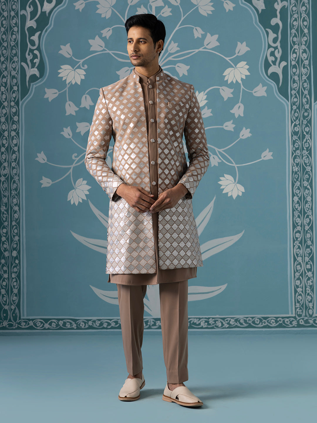 Dusky Light Brown Indo Set with Square Gradient Embroidery