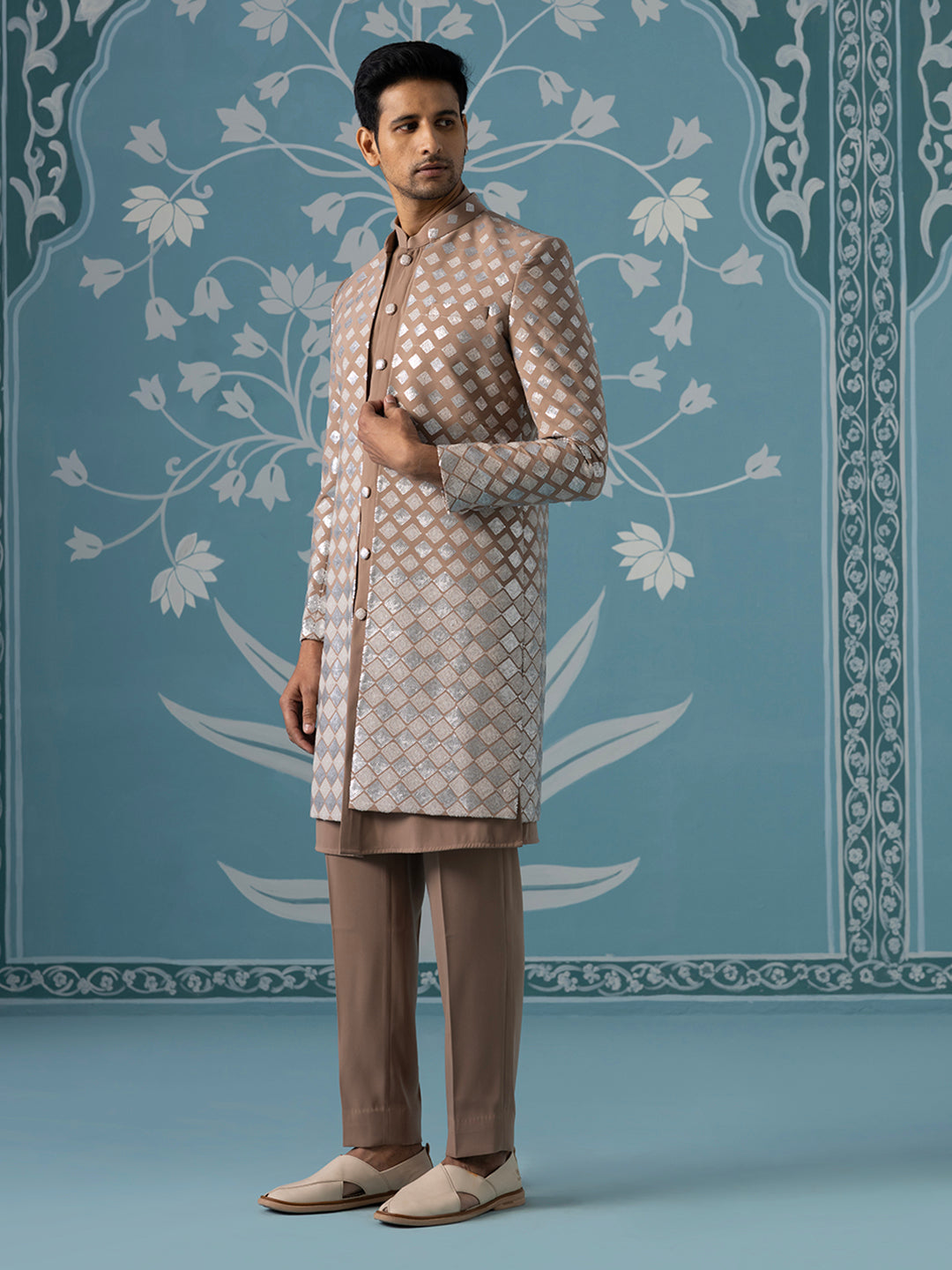 Dusky Light Brown Indo Set with Square Gradient Embroidery