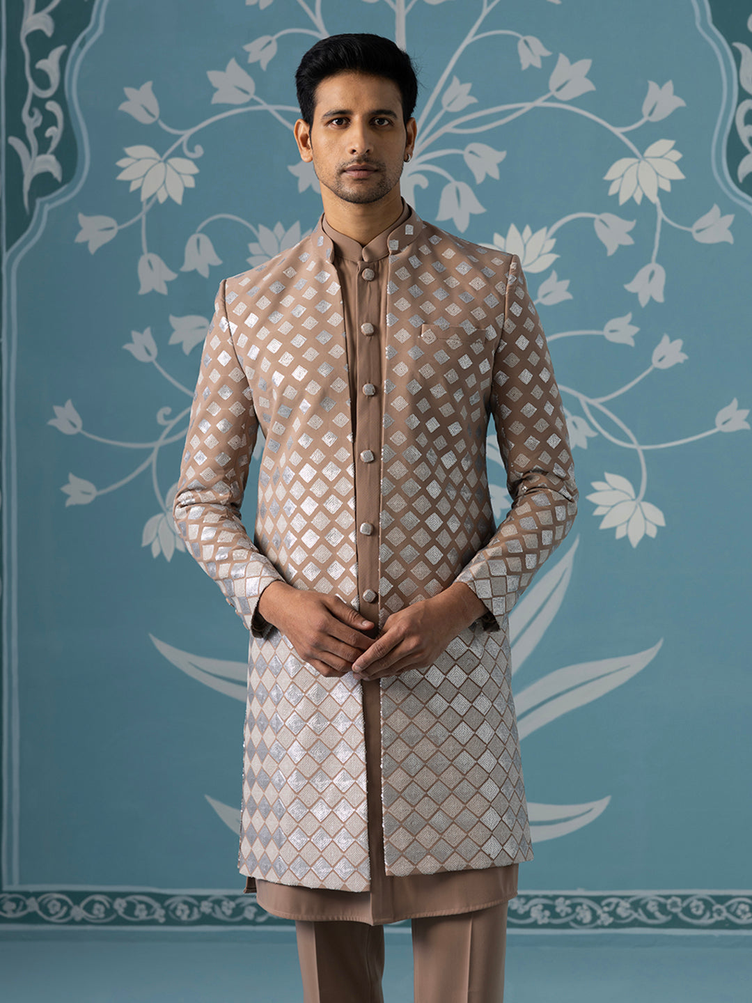 Dusky Light Brown Indo Set with Square Gradient Embroidery