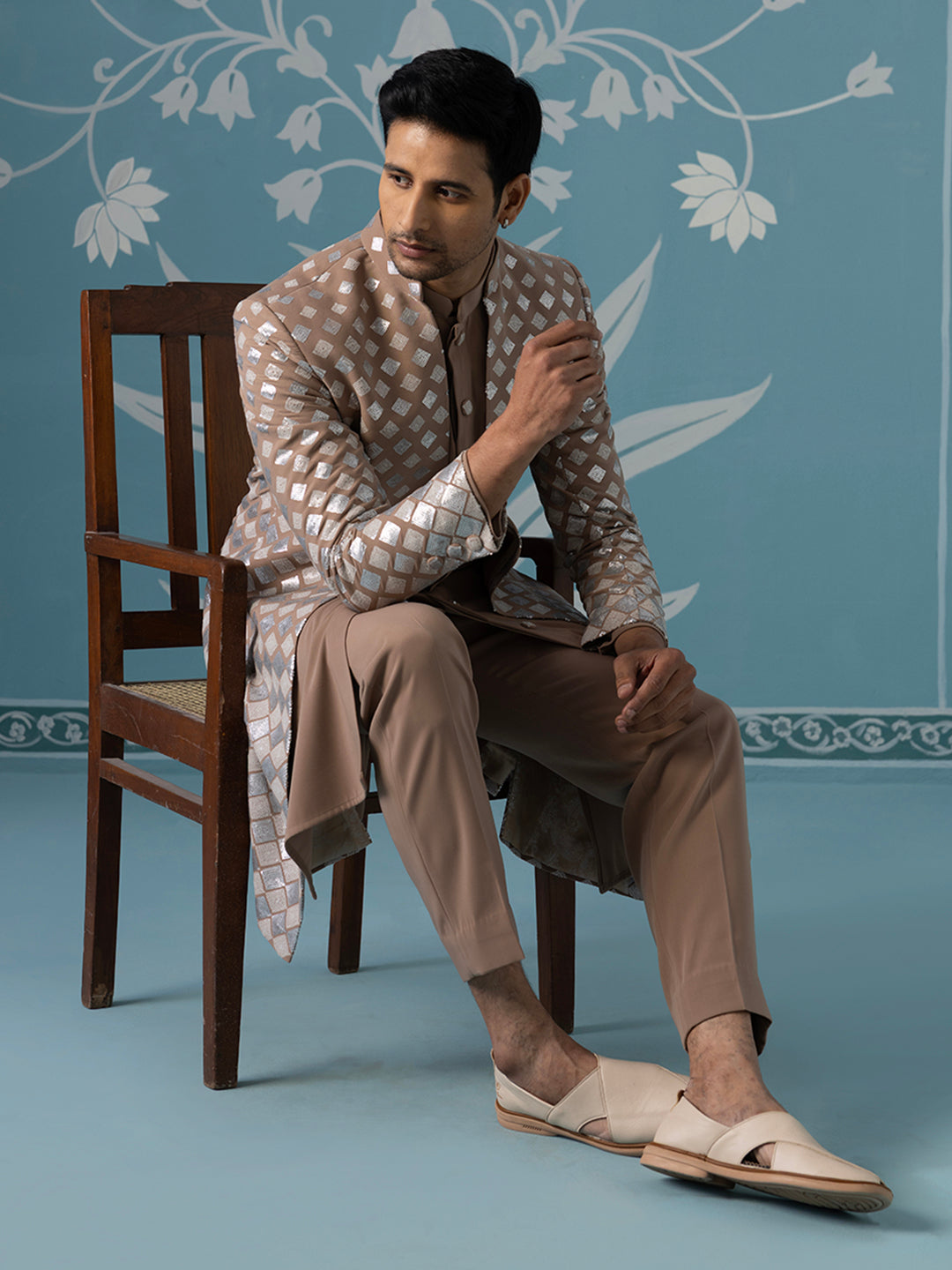 Dusky Light Brown Indo Set with Square Gradient Embroidery