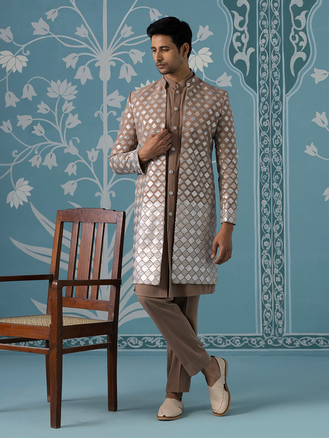 Dusky Light Brown Indo Set with Square Gradient Embroidery