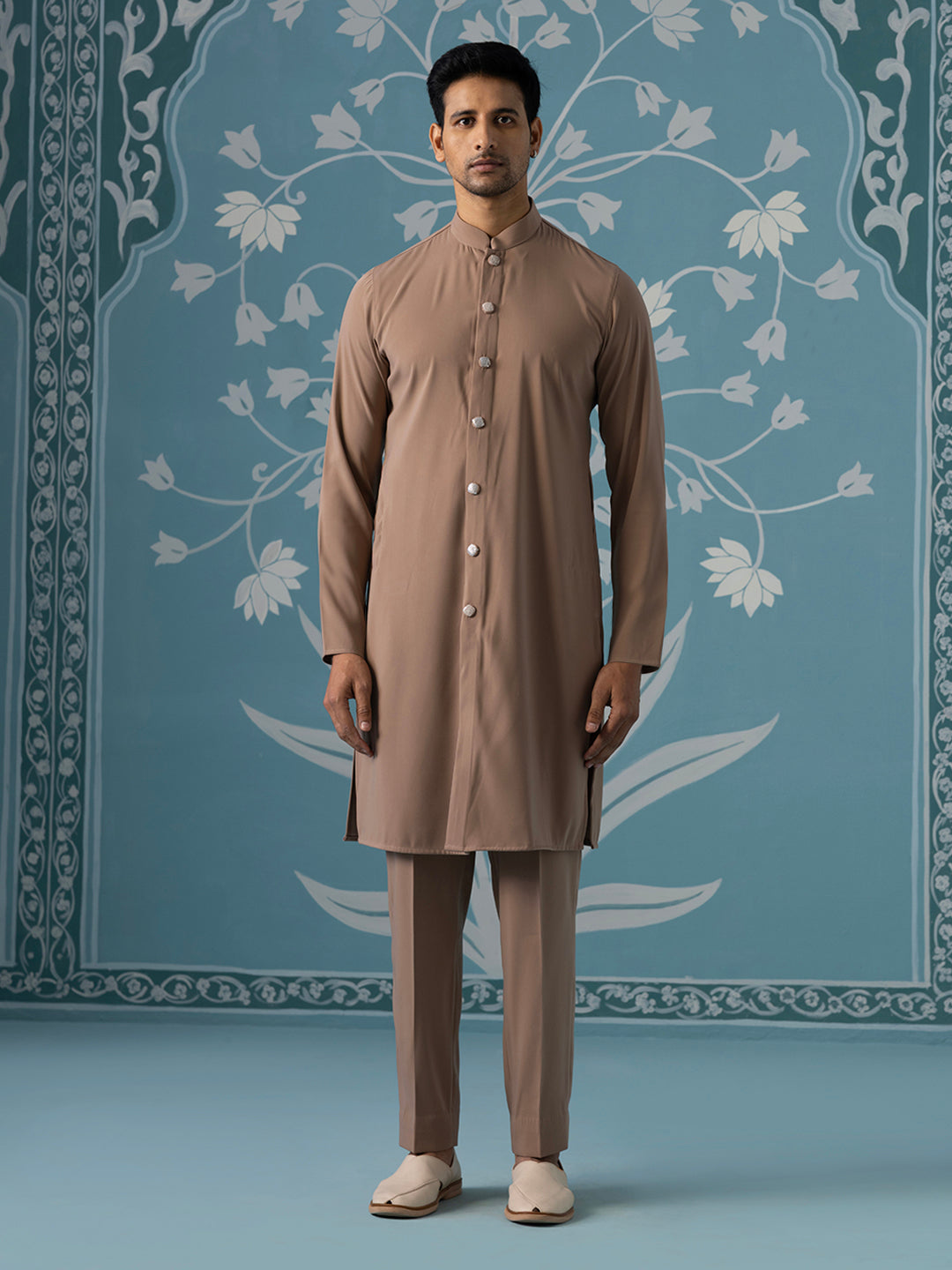 Dusky Light Brown Indo Set with Square Gradient Embroidery