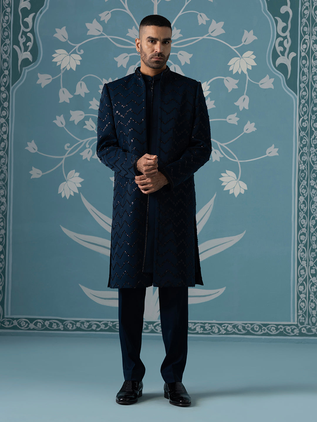 Blue Front-Open Indo-Western Set