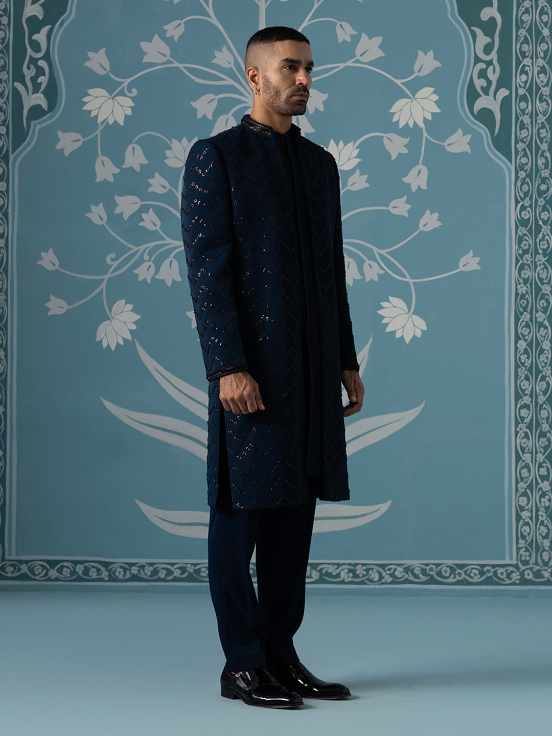 Blue Front-Open Indo-Western Set