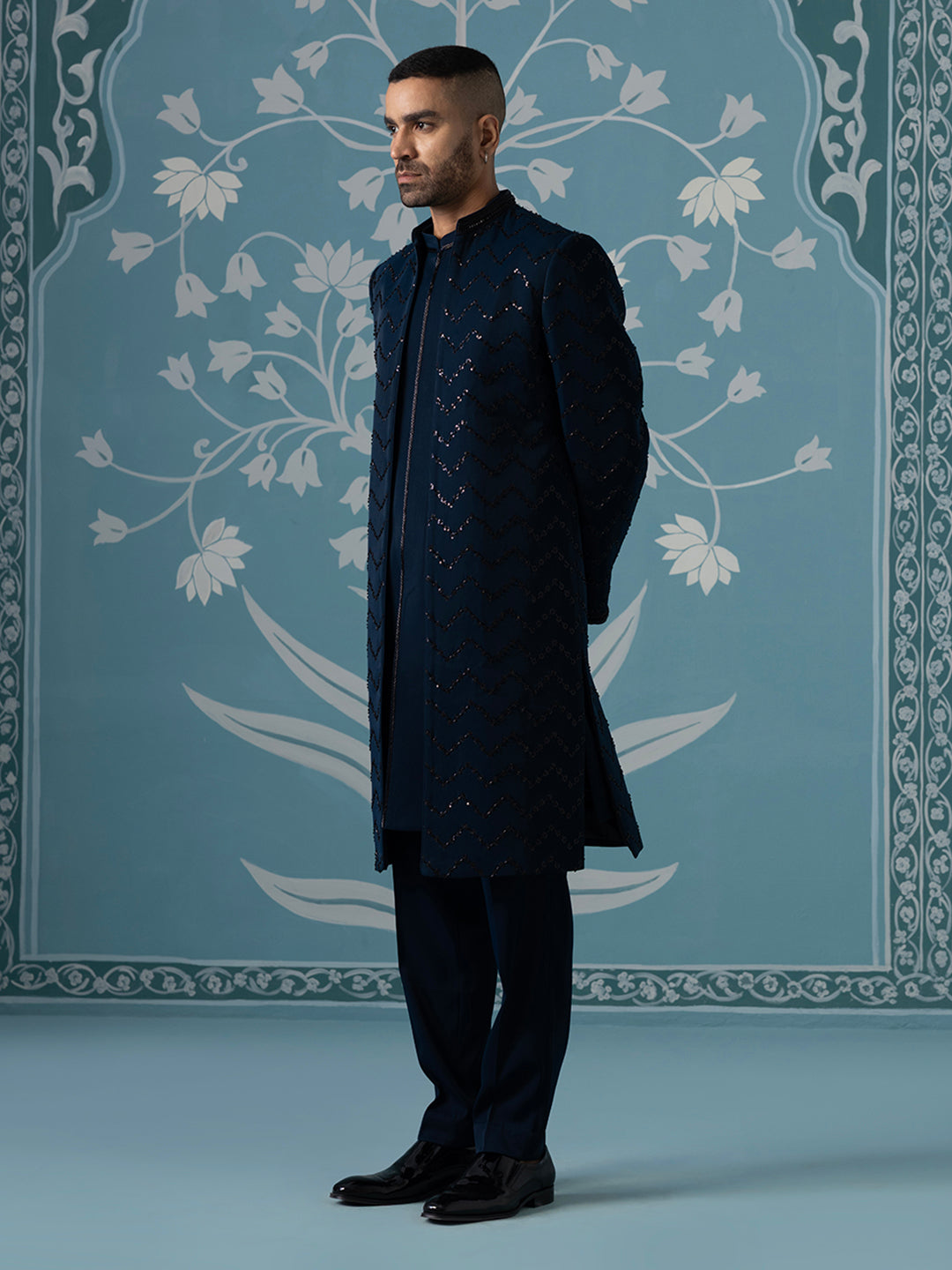 Blue Front-Open Indo-Western Set