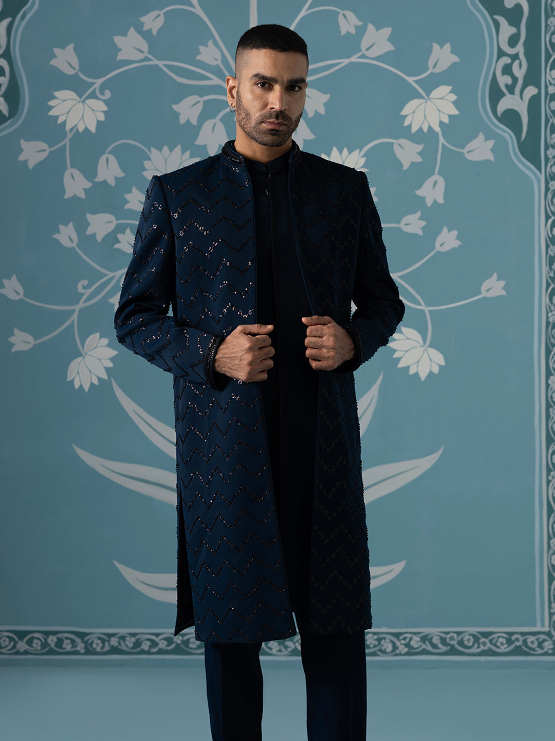 Blue Front-Open Indo-Western Set