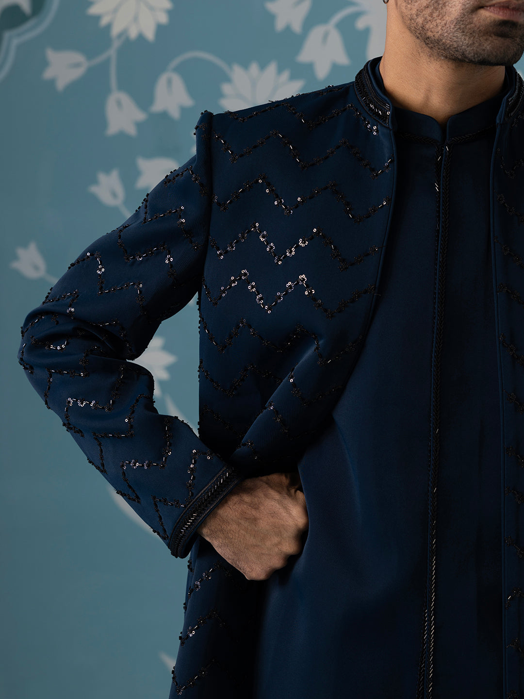 Blue Front-Open Indo-Western Set