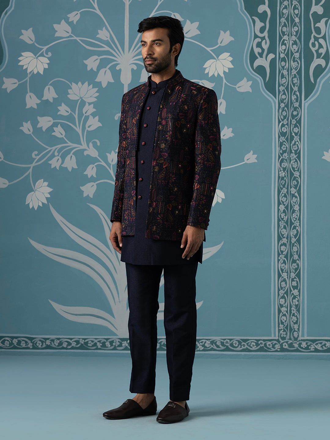 Blue Open Indo Set with Multi-Color Floral Embroidery