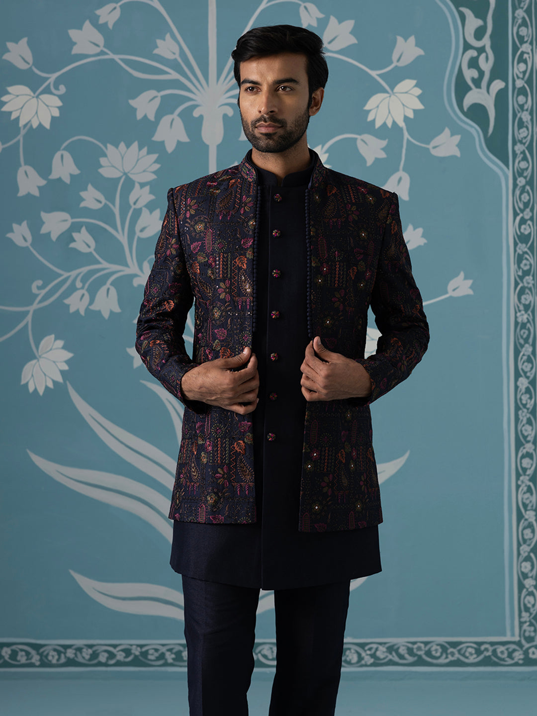 Blue Open Indo Set with Multi-Color Floral Embroidery