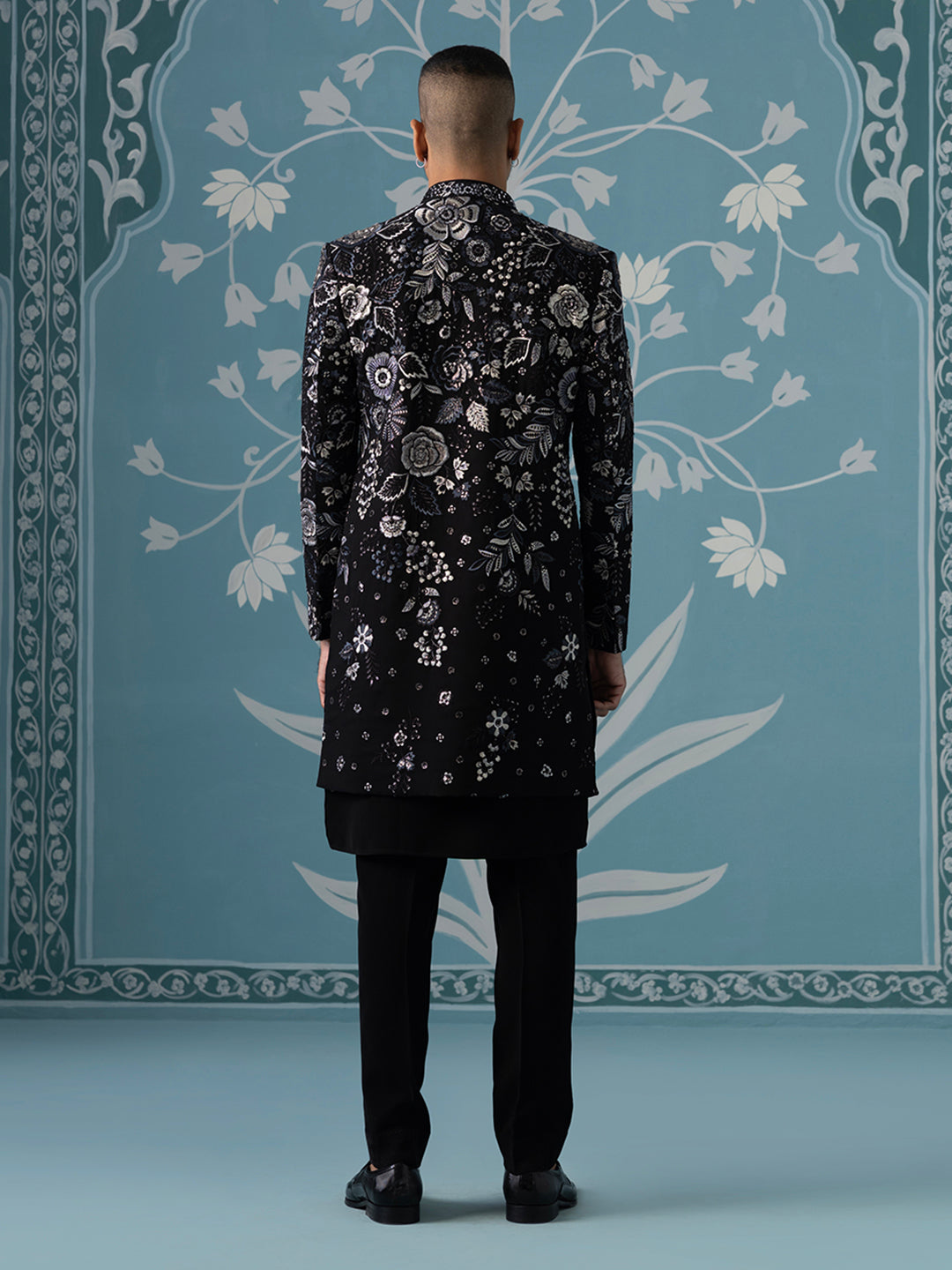 Black Floral Embroidered Open Indo Set