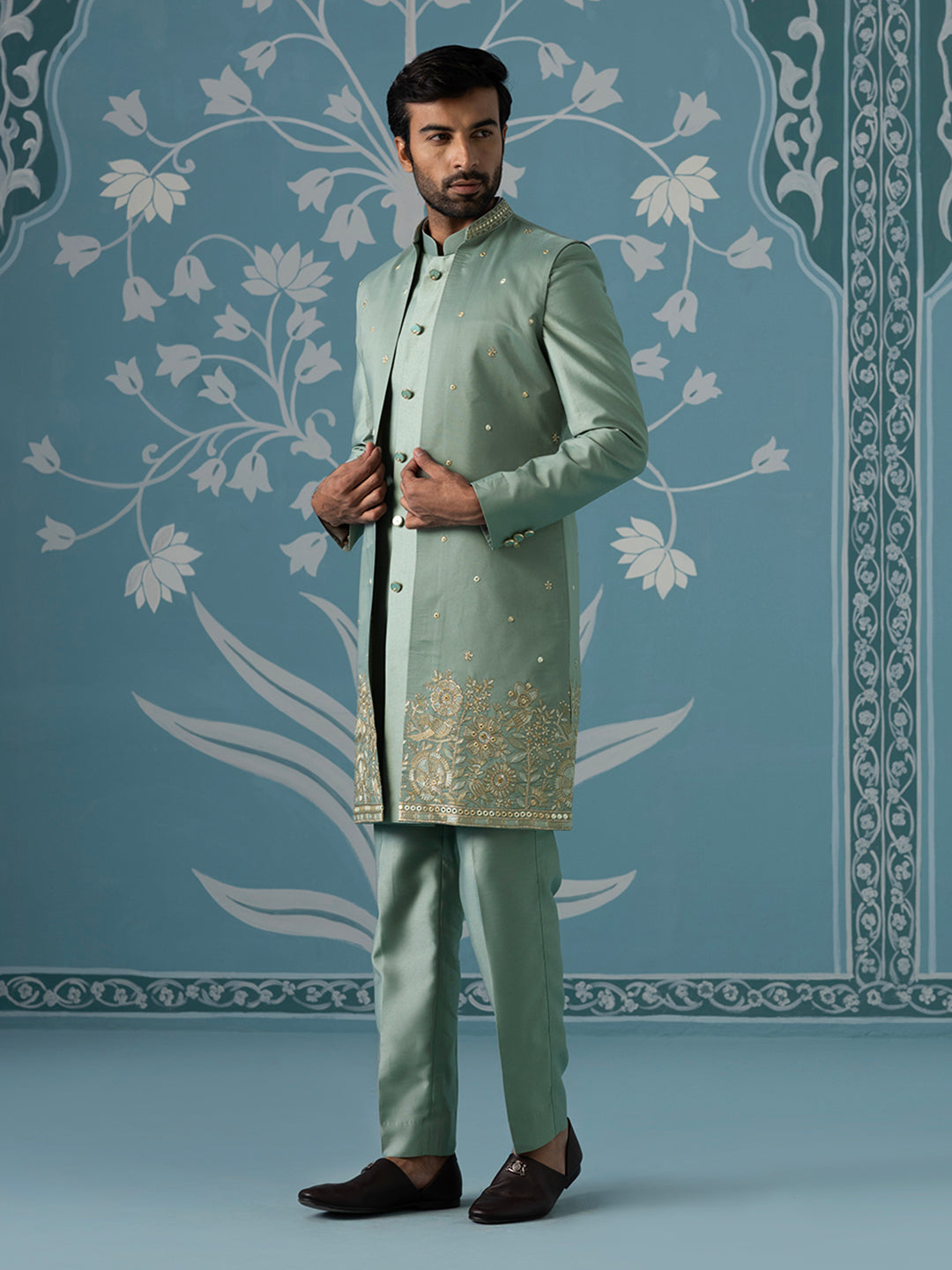 Dusky Green Long Jacket Semi-Sherwani Set
