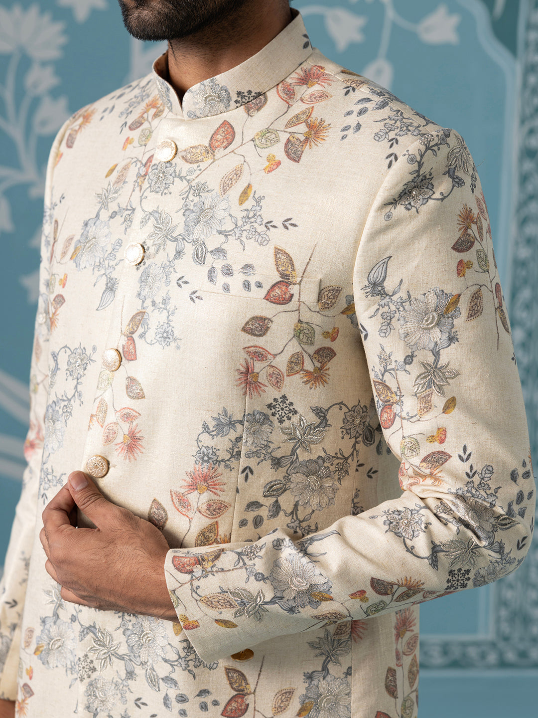 Digital Printed Bandhgala with Machine Touch-Up