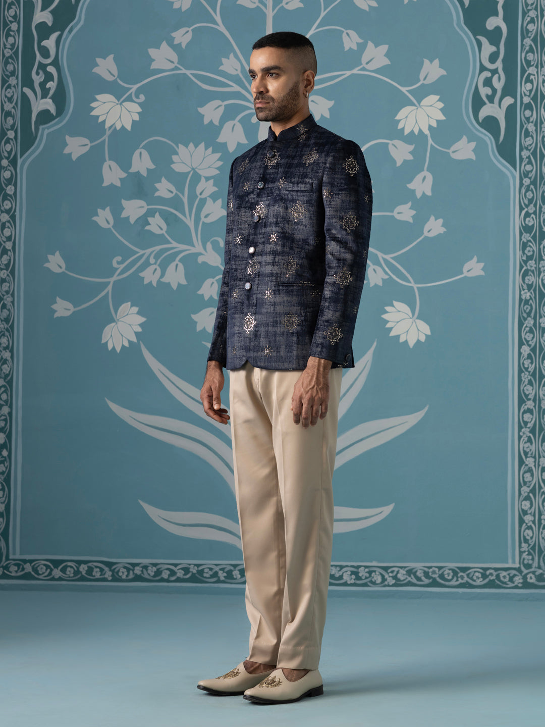 Black And Grey Self-Textured Bandhgala Set