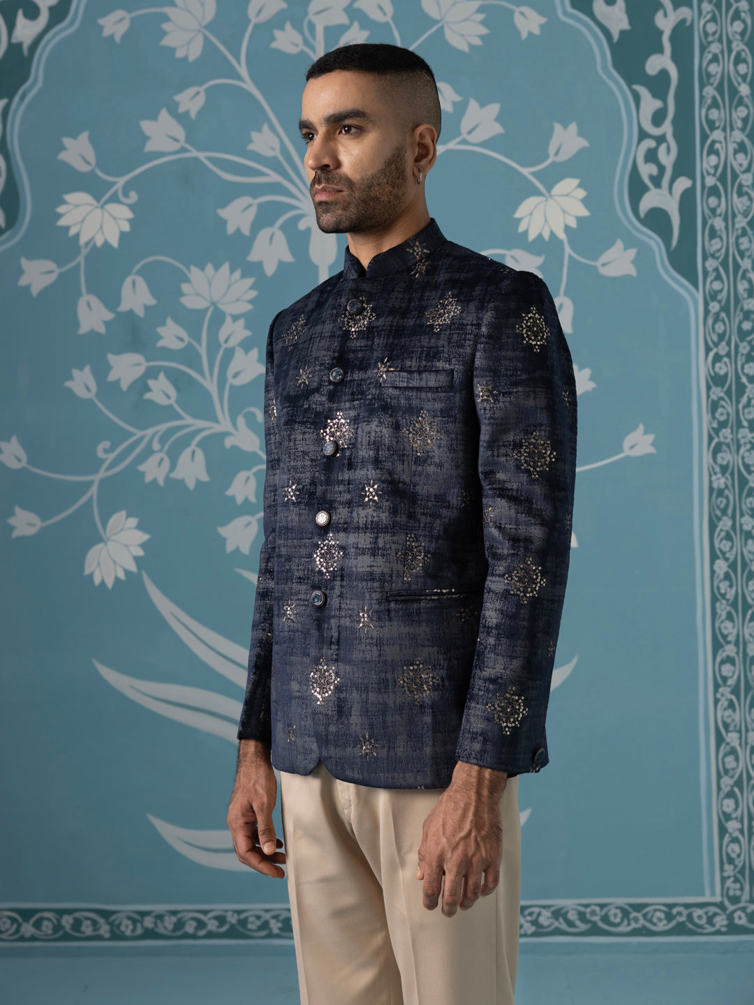 Black And Grey Self-Textured Bandhgala Set