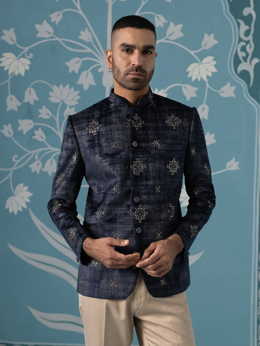 Black And Grey Self-Textured Bandhgala Set