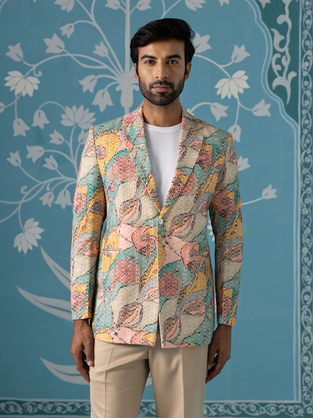Designer Patch-Print Blazer Set in Vibrant Multi Colours