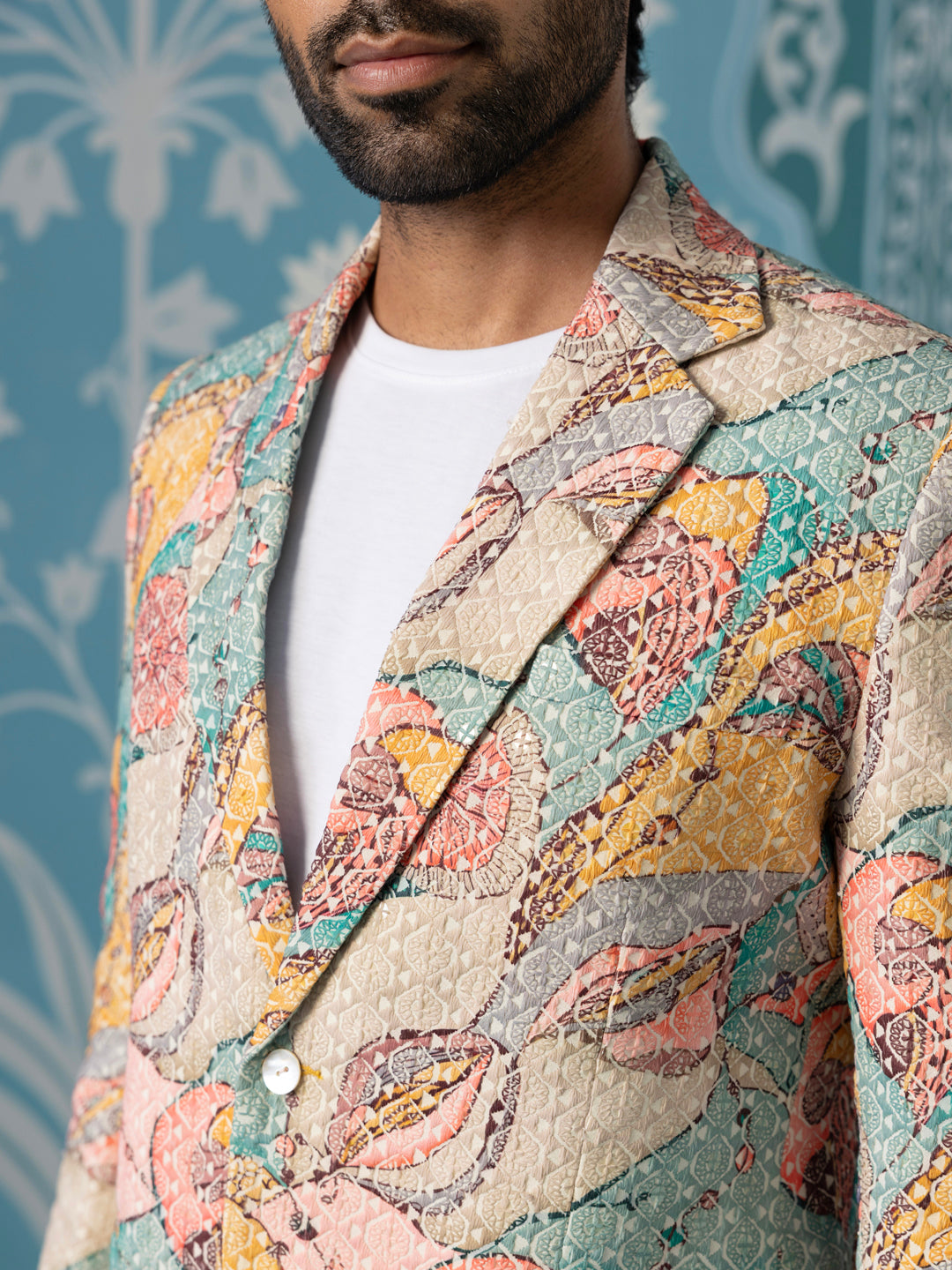 Designer Patch-Print Blazer Set in Vibrant Multi Colours