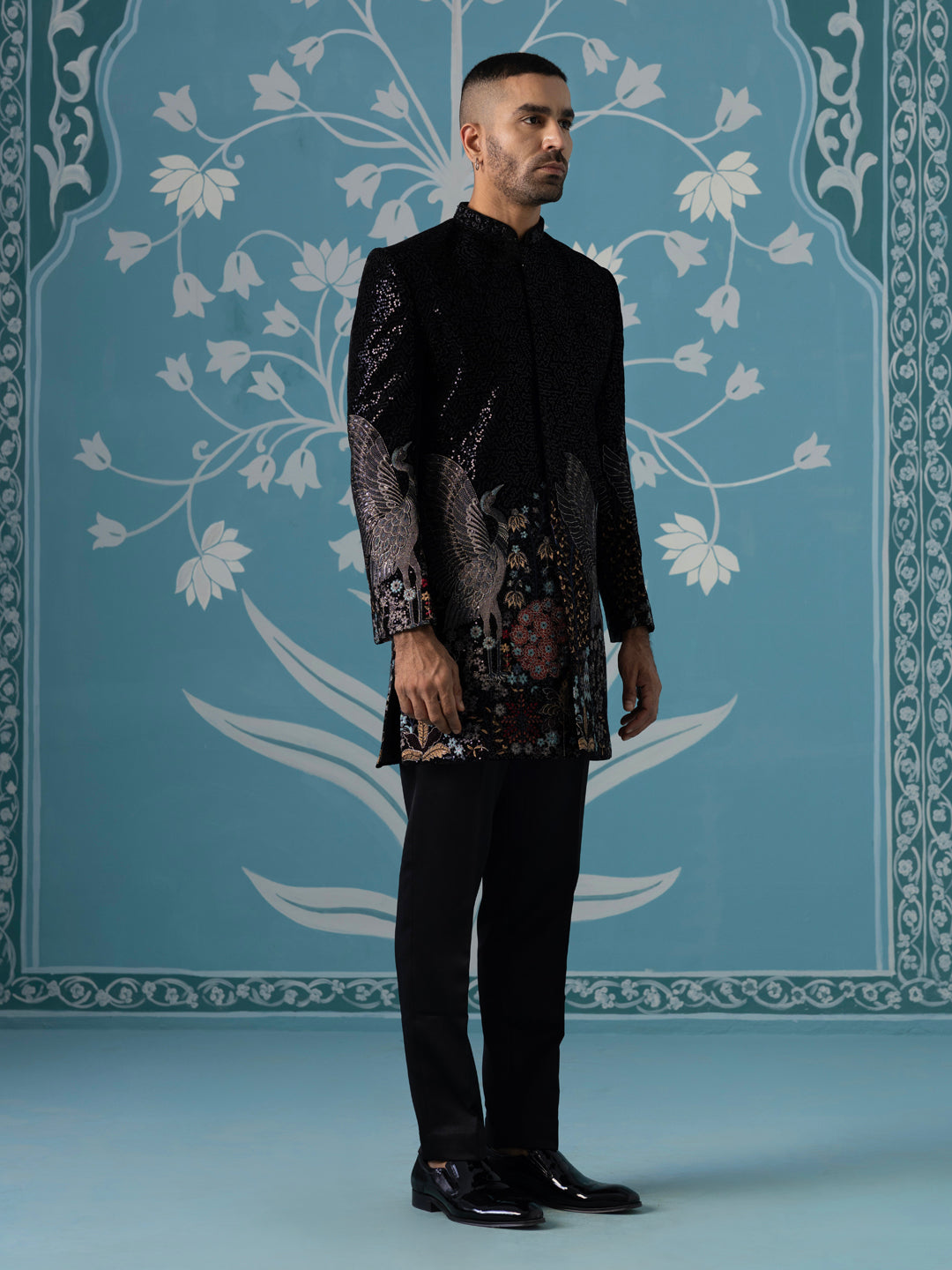 Black Velvet Indo Set with Sequin & Bird-Motif Embroidery