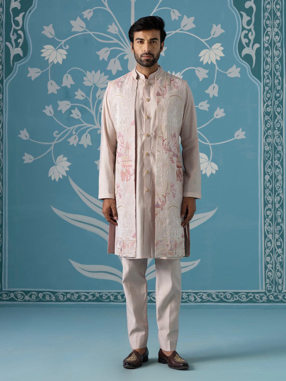 Light Onion-Pink Kurta with Abstract Thread-Embroidered Long Bundi Set