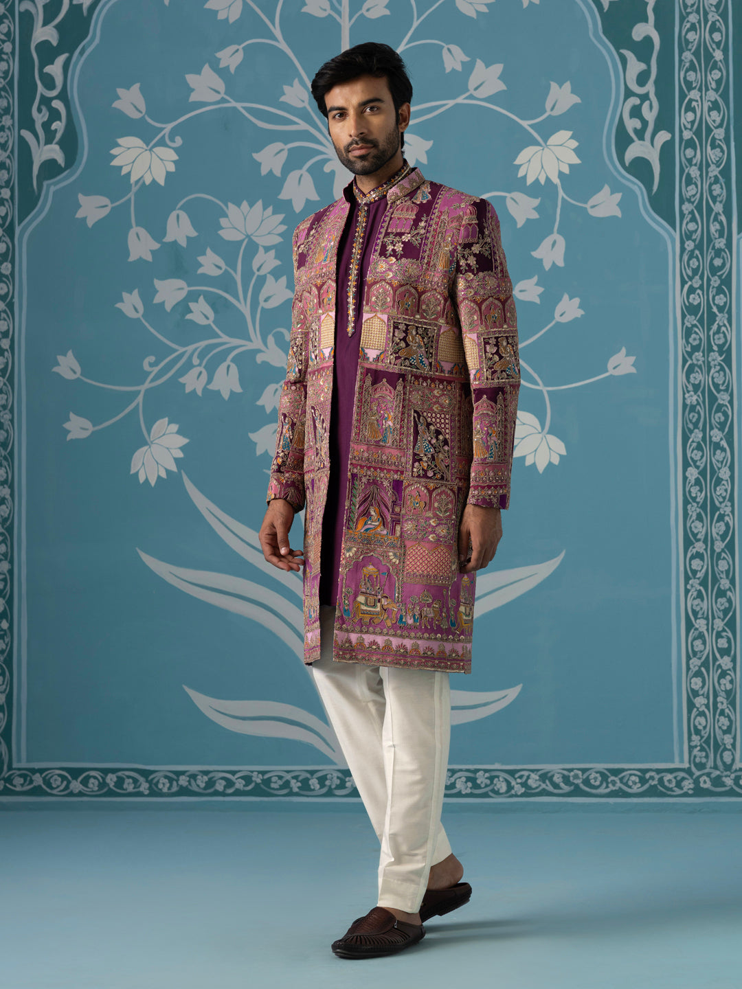 Purple Front-Open Embroidered Indo Set