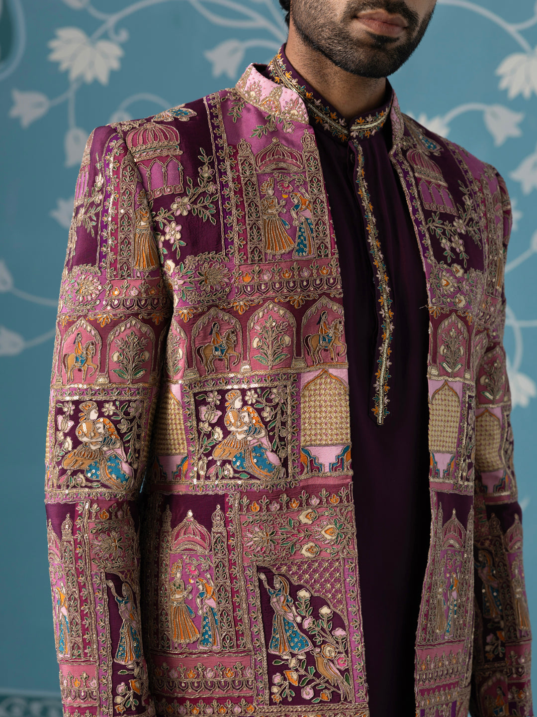 Purple Front-Open Embroidered Indo Set