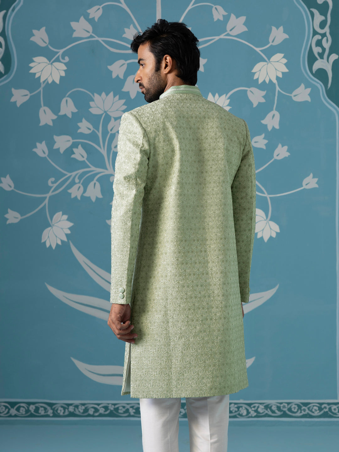 Pastel Green Textured Long Jacket Set