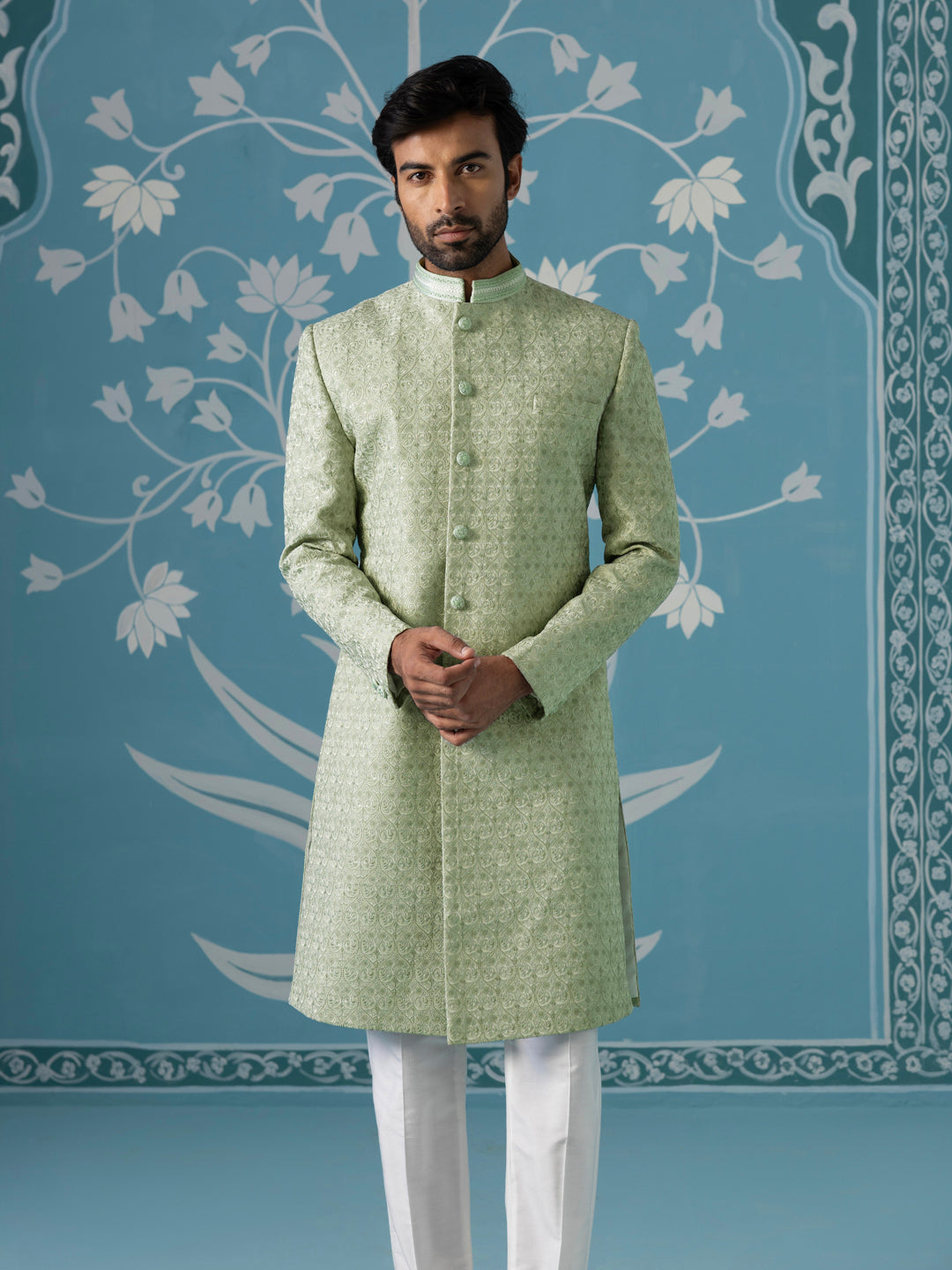 Pastel Green Textured Long Jacket Set