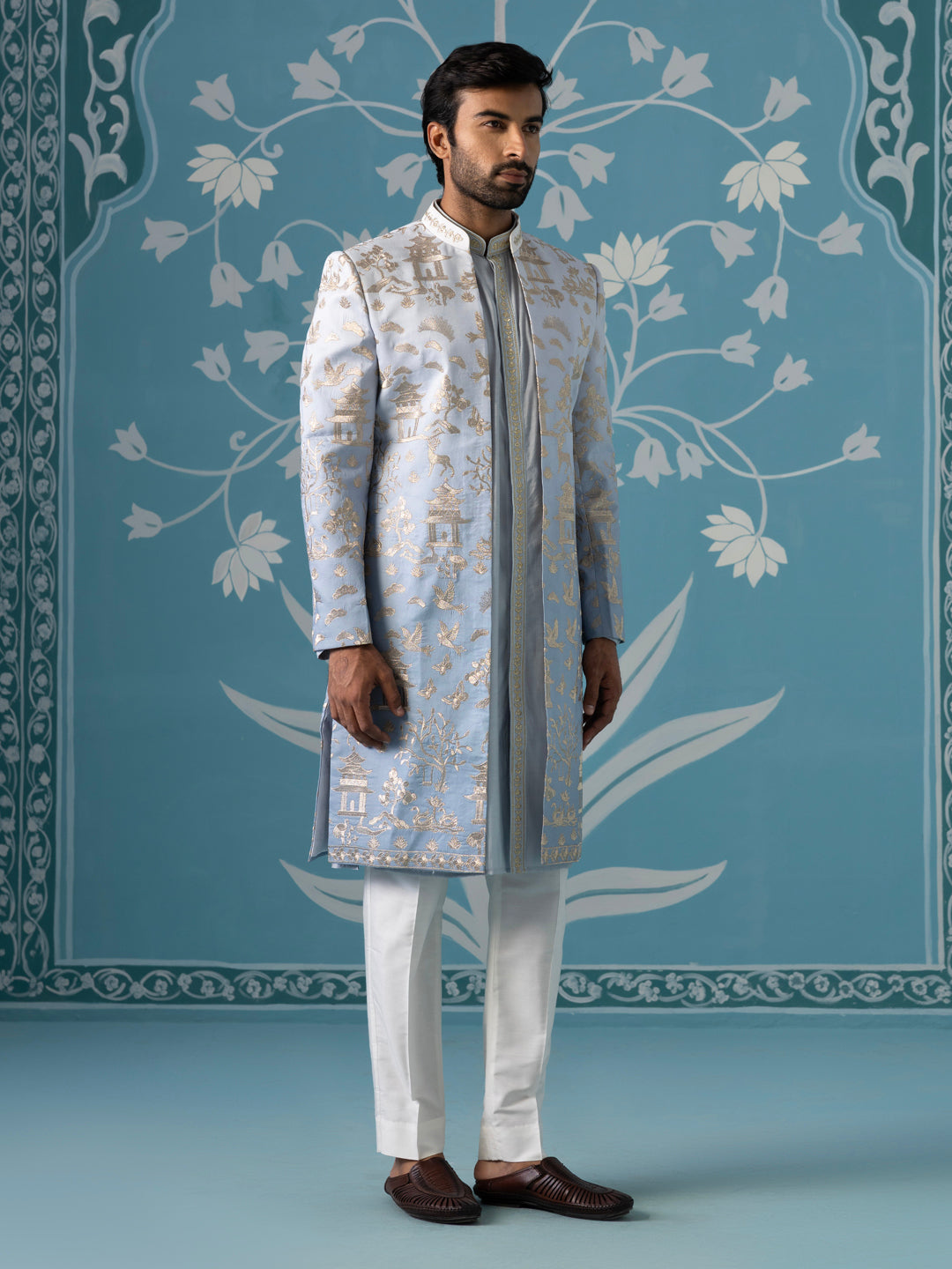 Gradient Blue Embroidered Sherwani Set