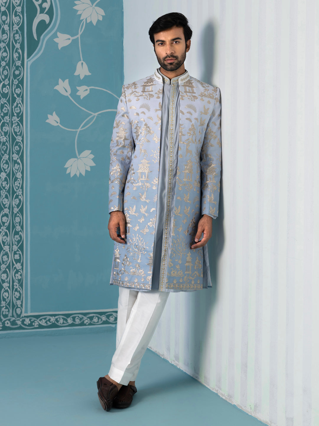 Gradient Blue Embroidered Sherwani Set