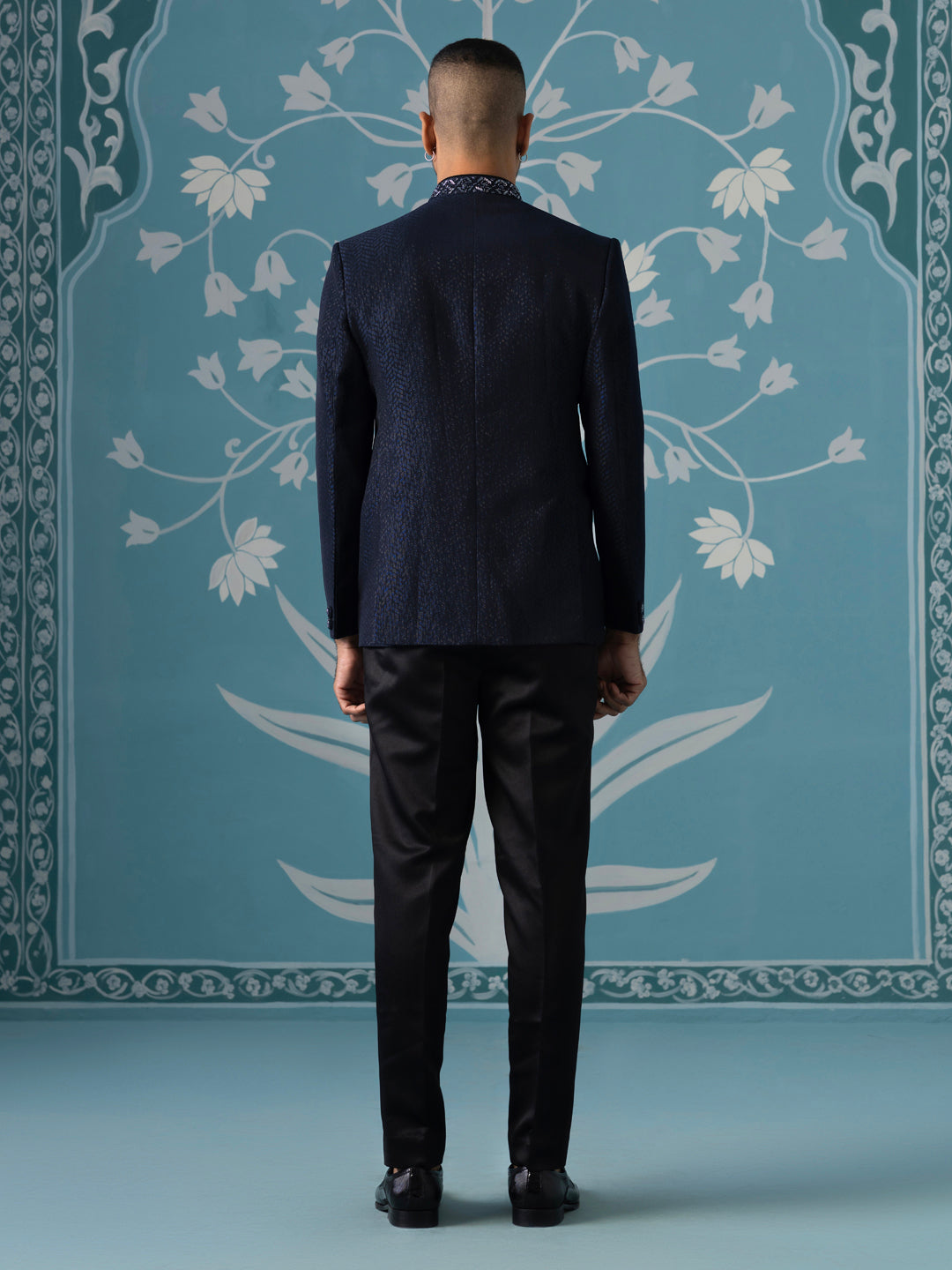 Midnight Blue Textured Bandhgala Set