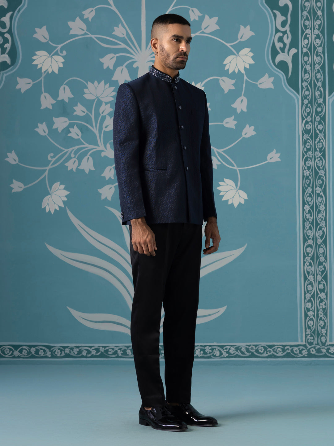 Midnight Blue Textured Bandhgala Set