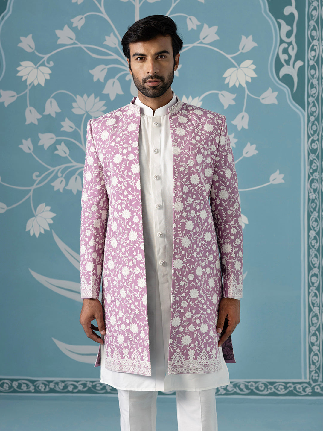 Lilac Floral Embroidered Long Jacket Set