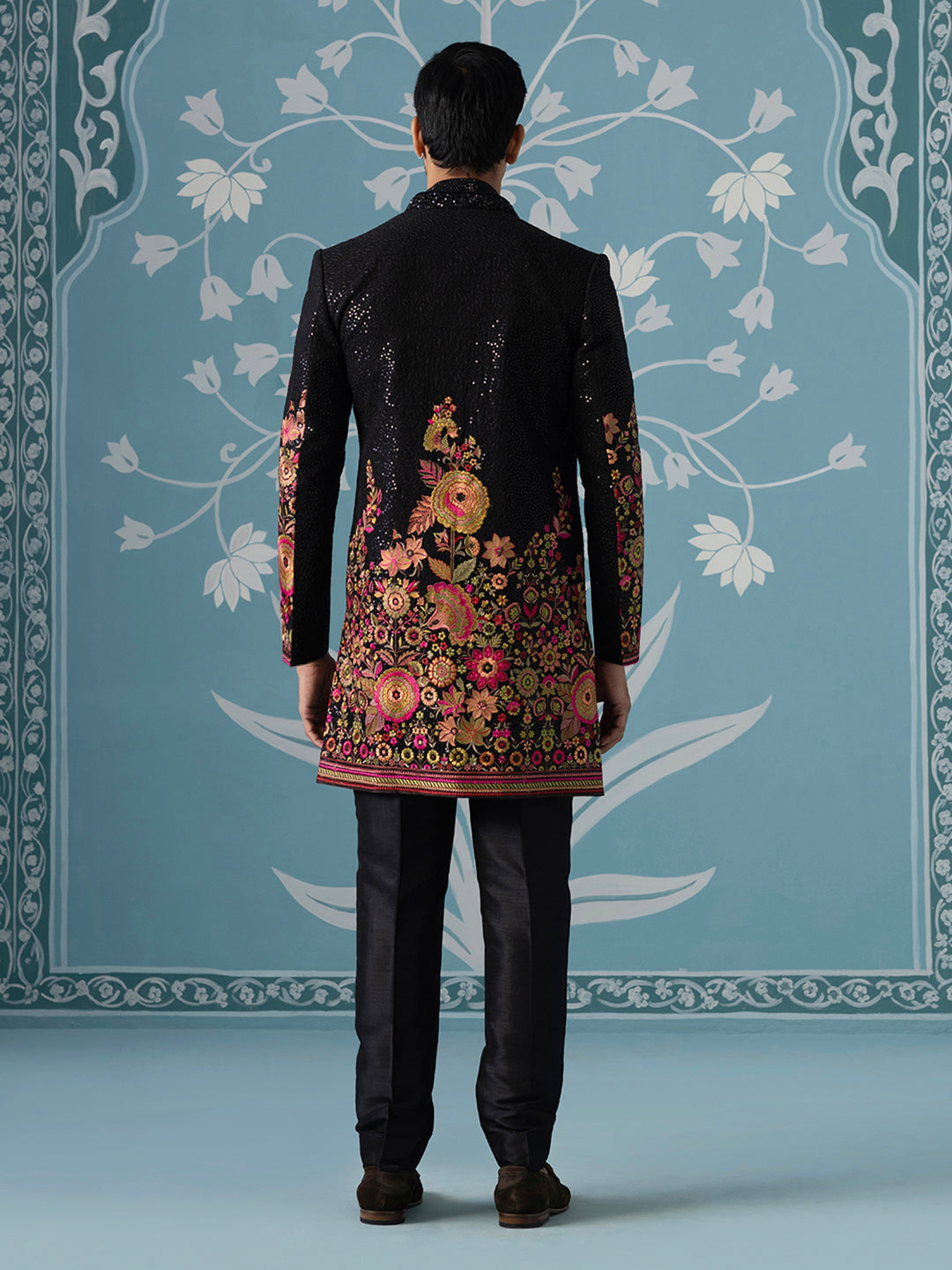 Black Floral Embroidered Long Jacket Set