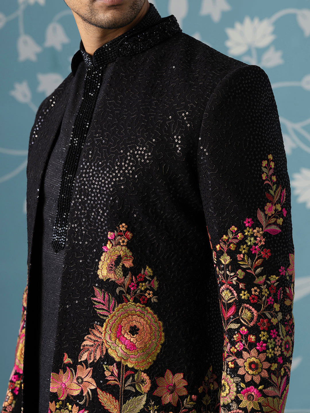 Black Floral Embroidered Long Jacket Set