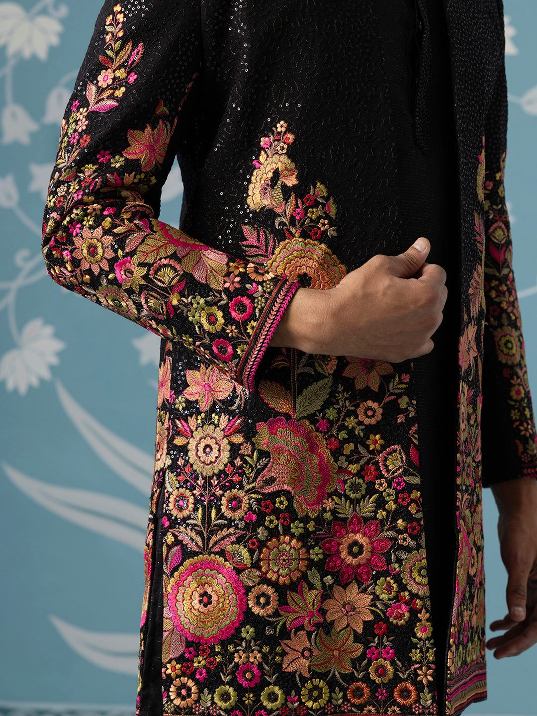 Black Floral Embroidered Long Jacket Set