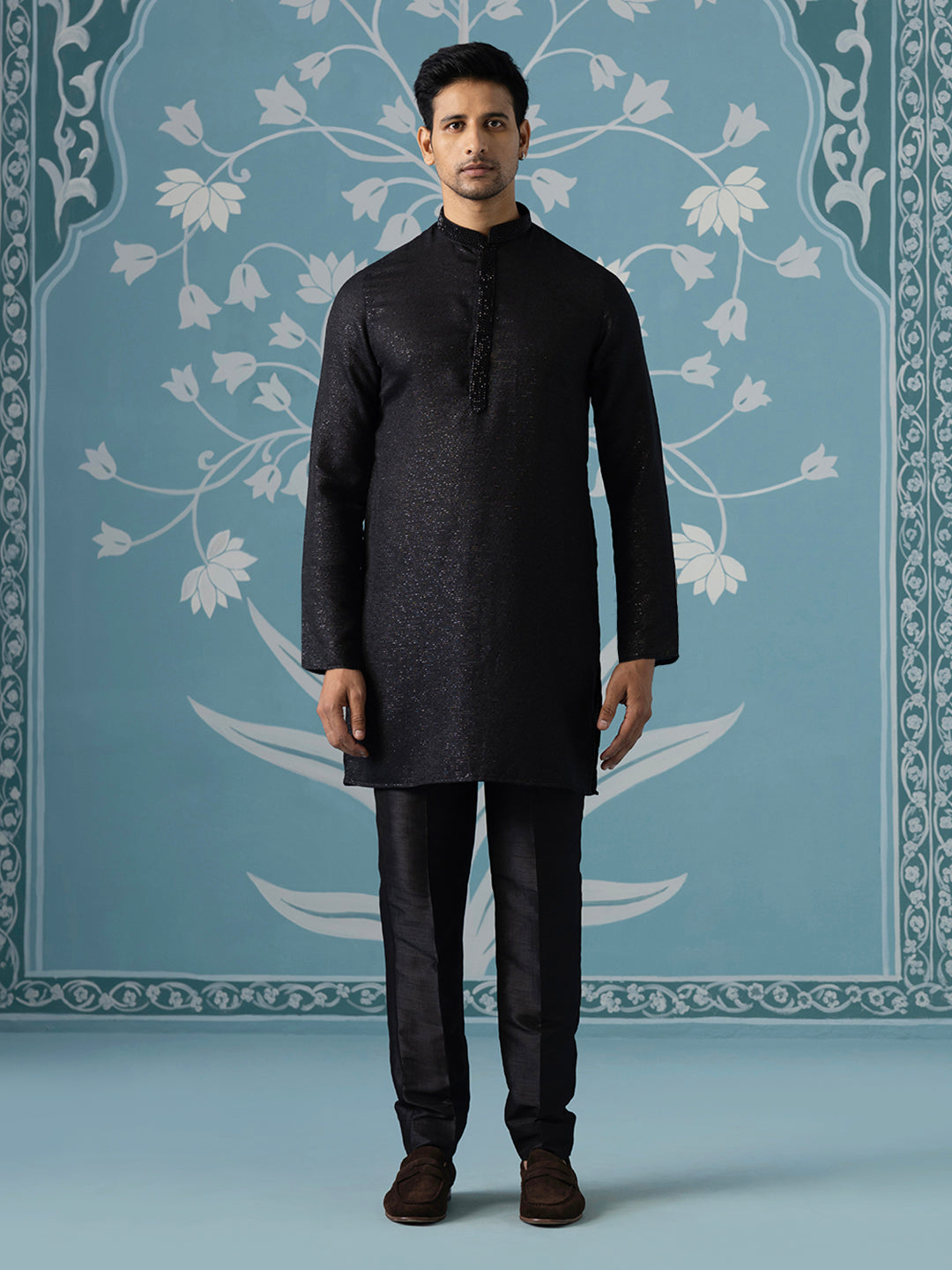 Black Floral Embroidered Long Jacket Set