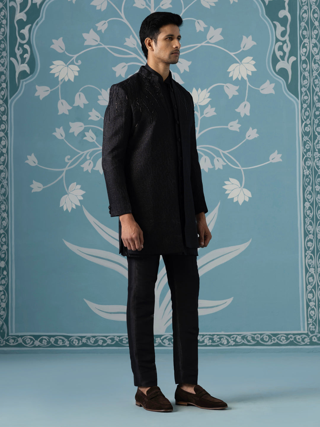 Black Textured Embroidered Open Indo Set